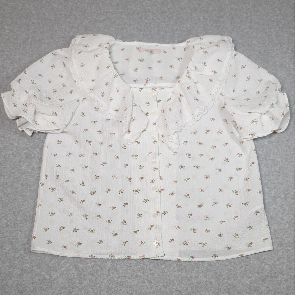 Nice Claup Flower Print Blouse Womens Medium Balloon Sleeve Button Up Ruffle
